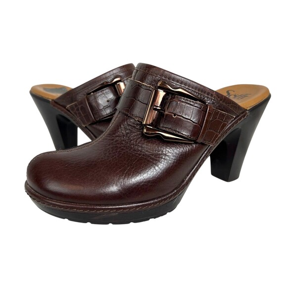 Sofft Platform Mules Clogs w Buckle Size 8.5 Dark Brown Raisin Leather Y2K - Picture 1 of 14